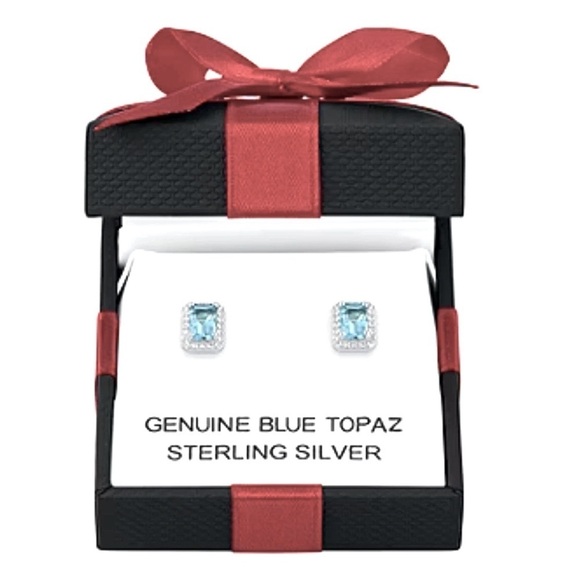 Yes! Please! Jewelry - Genuine Blue Topaz 925 Sterling Silver Emerald Cut Stud Earrings in Gift Box NEW